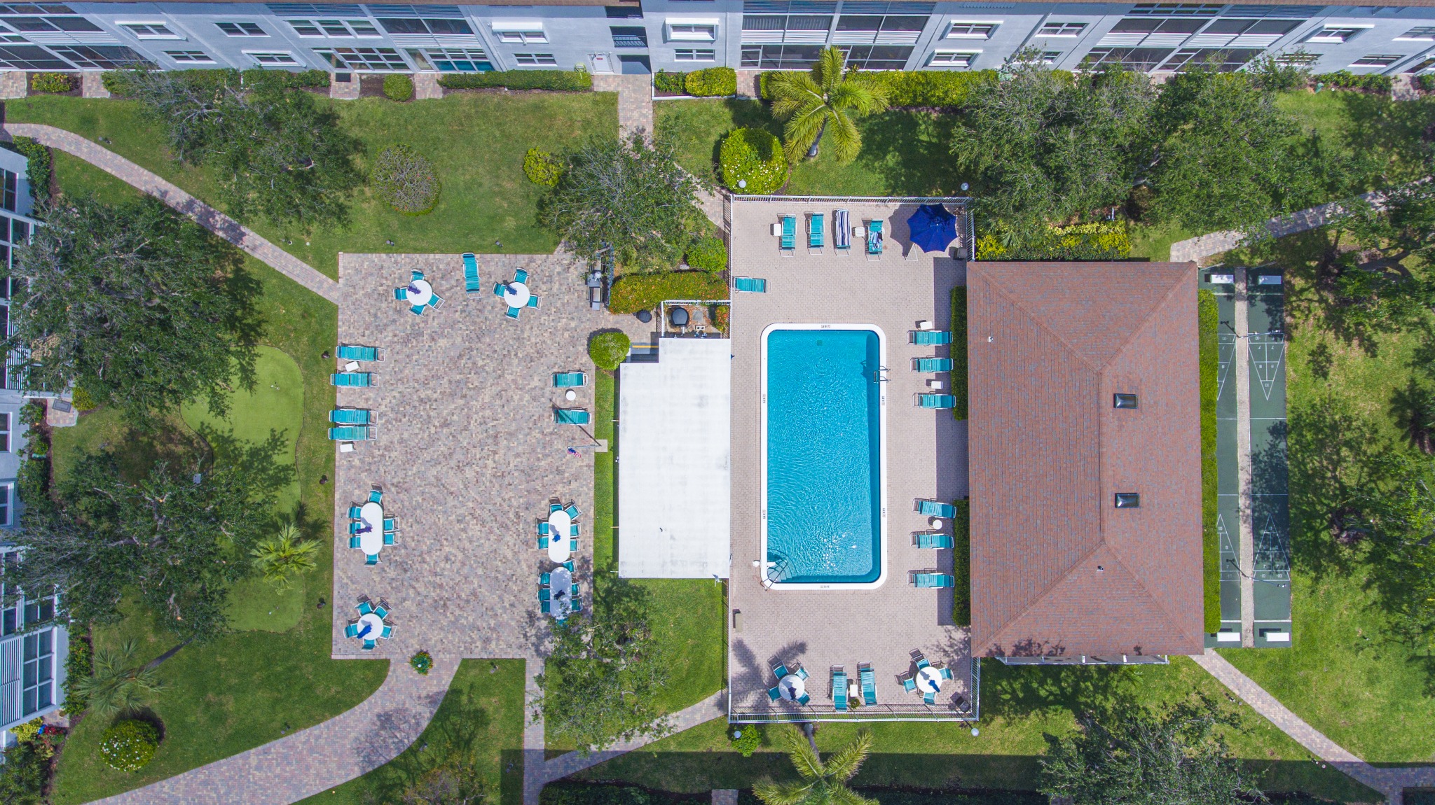 Aerial view of the pool and grounds